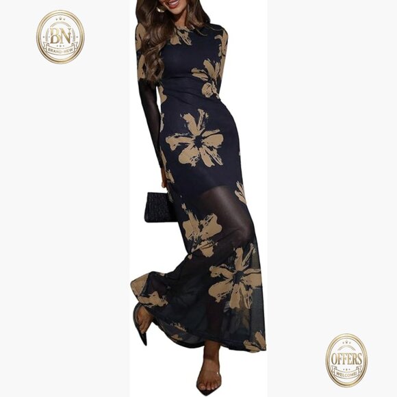 Floral Mesh Maxi Dress Long Sleeve Formal Cocktail Wedding Guest